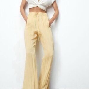 Zara Light Yellow Linen Elastic Waist Pants